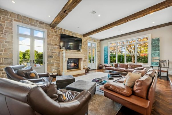 Fireplace, Interior, Living room, Recessed Lighting, Stone Walls, Wooden Beams, Wood Texture Flooring