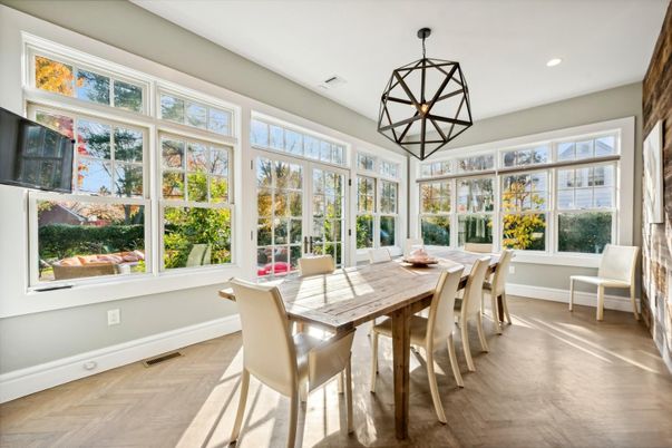 Dining room, Interior, Recessed Lighting, Wood Texture Flooring