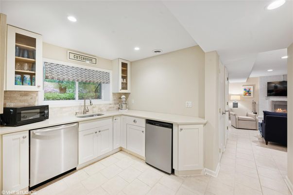 Fireplace, Interior, Kitchen, Living room, Recessed Lighting, Stainless Steel Appliances