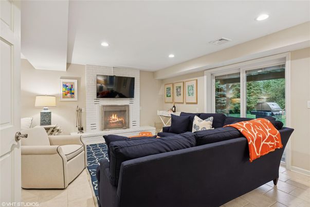 Fireplace, Interior, Living room, Recessed Lighting, Stone Walls