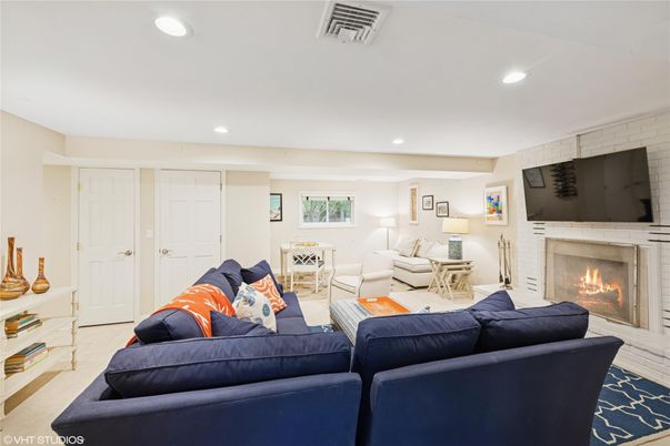 Fireplace, Interior, Living room, Recessed Lighting, Stone Walls