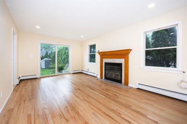 Empty room, Fireplace, Interior, Recessed Lighting, Wood Texture Flooring