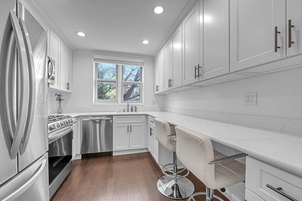 Interior, Kitchen, Recessed Lighting, Stainless Steel Appliances, Wood Texture Flooring