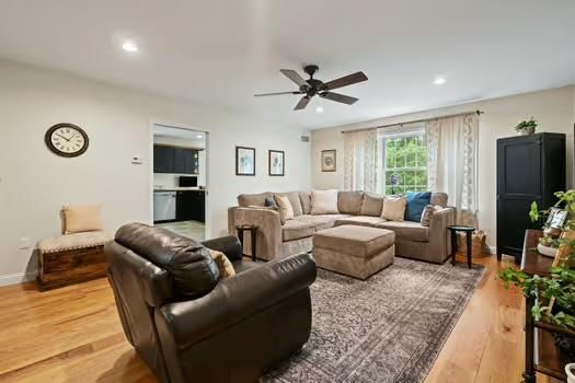 Interior, Living room, Recessed Lighting, Stainless Steel Appliances, Wood Texture Flooring