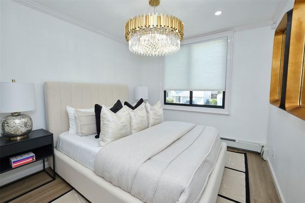 Bedroom, Chandelier, Interior, Recessed Lighting, Wood Texture Flooring