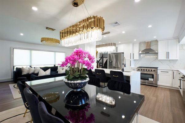 Interior, Kitchen, Living room, Pendant Lights, Recessed Lighting, Stainless Steel Appliances, Wood Texture Flooring