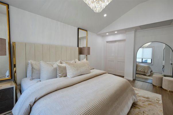 Bedroom, Chandelier, Interior, Recessed Lighting, Wood Texture Flooring