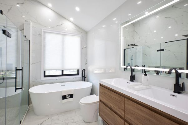 Bathroom, Dual Sink Vanities, Free Standing Baths, Glass Shower, Interior, Marble, Marble Walls, Recessed Lighting
