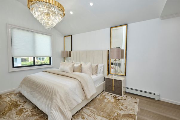 Bedroom, Chandelier, Interior, Recessed Lighting, Wood Texture Flooring