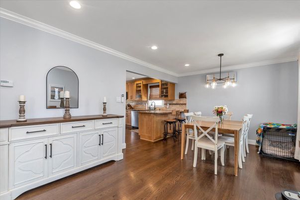 Dining room, Interior, Pendant Lights, Recessed Lighting, Wood Texture Flooring