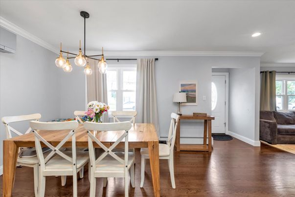 Dining room, Interior, Pendant Lights, Recessed Lighting, Wood Texture Flooring