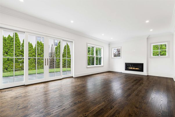 Empty room, Fireplace, Interior, Recessed Lighting, Wood Texture Flooring