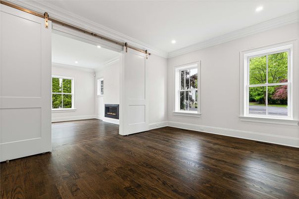 Empty room, Fireplace, Interior, Recessed Lighting, Wood Texture Flooring