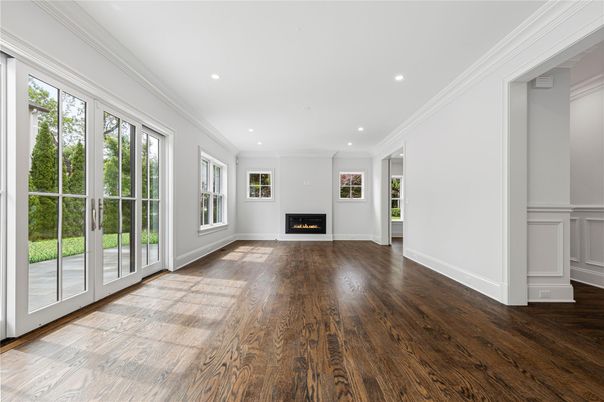 Empty room, Fireplace, Interior, Recessed Lighting, Wood Texture Flooring