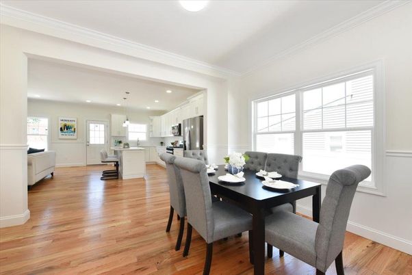 Dining room, Interior, Kitchen, Pendant Lights, Recessed Lighting, Stainless Steel Appliances, Wood Texture Flooring