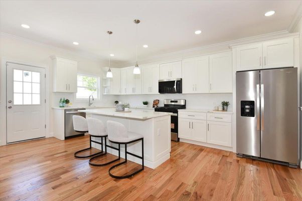 Interior, Kitchen, Pendant Lights, Recessed Lighting, Stainless Steel Appliances, Wood Texture Flooring