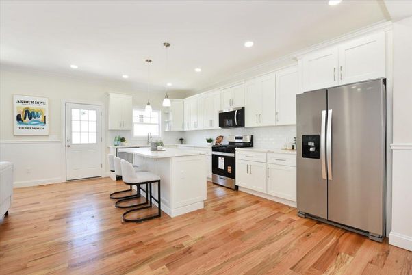 Interior, Kitchen, Pendant Lights, Recessed Lighting, Stainless Steel Appliances, Wood Texture Flooring