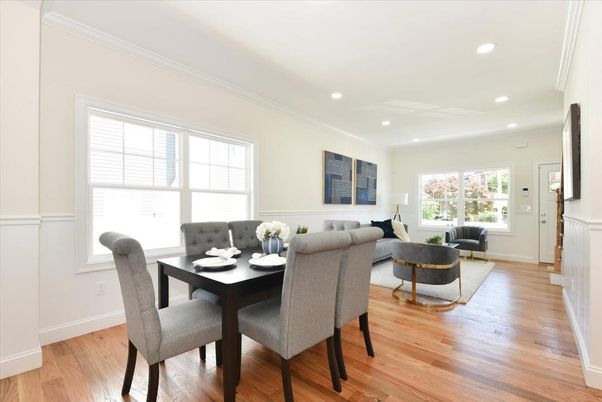 Dining room, Interior, Living room, Recessed Lighting, Wood Texture Flooring