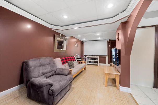 Interior, Living room, Projection Screen, Recessed Lighting, Wood Texture Flooring