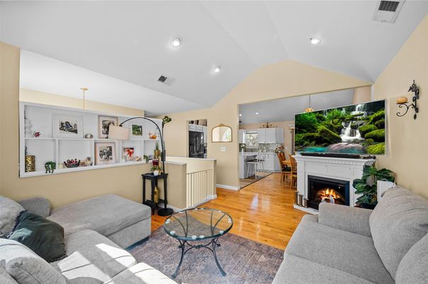 Fireplace, Interior, Kitchen, Living room, Recessed Lighting, Wood Texture Flooring