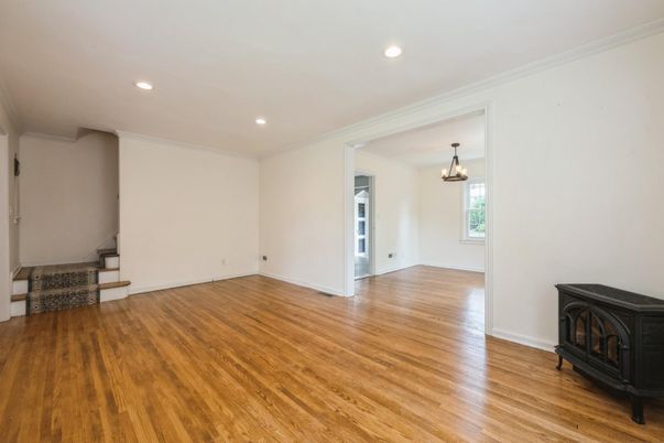 Empty room, Fireplace, Interior, Recessed Lighting, Wood Texture Flooring
