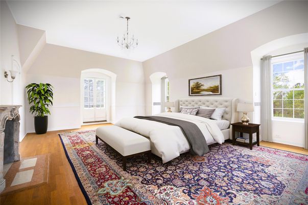 Bedroom, Chandelier, Fireplace, Interior, Wood Texture Flooring