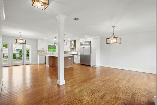 Interior, Kitchen, Pendant Lights, Recessed Lighting, Stainless Steel Appliances, Wood Texture Flooring