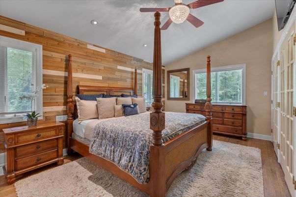 Bedroom, Interior, Recessed Lighting, Wood Texture Flooring, Wooden Walls