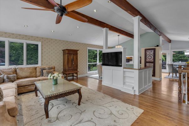 Dining room, Interior, Living room, Pendant Lights, Recessed Lighting, Wooden Beams, Wood Texture Flooring