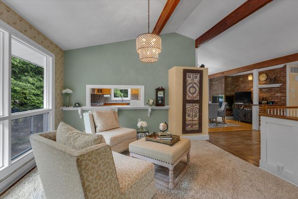 Fireplace, Interior, Living room, Pendant Lights, Stone Walls, Wooden Beams, Wood Texture Flooring
