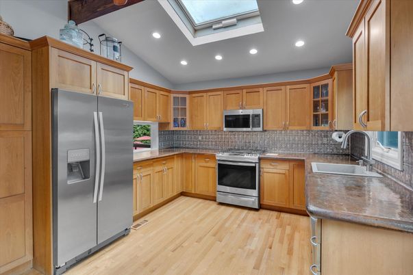 Glass Ceilings, Interior, Kitchen, Recessed Lighting, Stainless Steel Appliances, Wood Texture Flooring