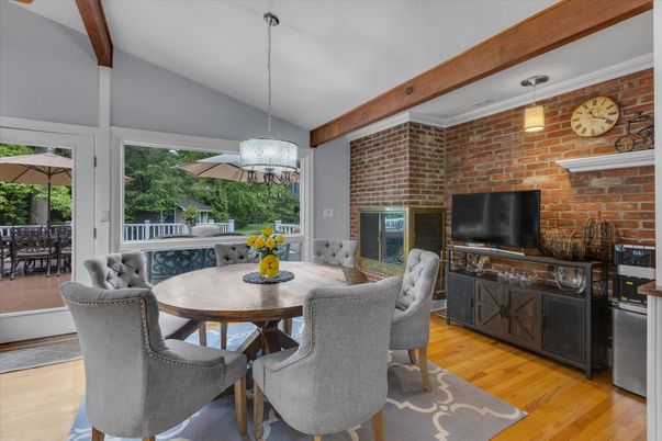 Chandelier, Dining room, Interior, Pendant Lights, Stone Walls, Wooden Beams, Wood Texture Flooring