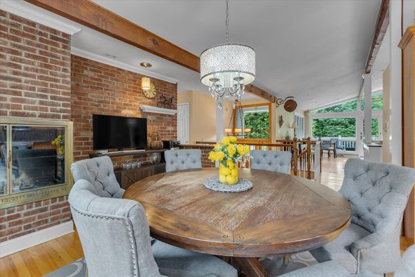 Chandelier, Dining room, Interior, Stone Walls, Wooden Beams, Wood Texture Flooring