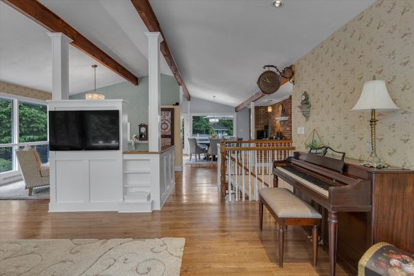 Dining room, Interior, Piano, Stone Walls, Wooden Beams, Wood Texture Flooring