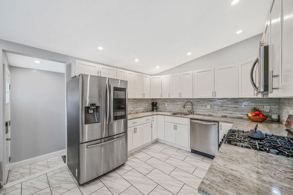 Interior, Kitchen, Marble, Recessed Lighting, Stainless Steel Appliances