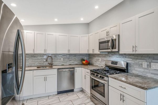 Interior, Kitchen, Marble, Recessed Lighting, Stainless Steel Appliances