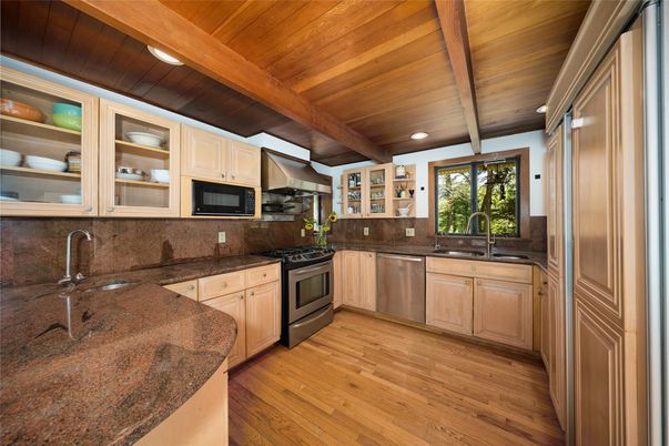 Interior, Kitchen, Recessed Lighting, Stainless Steel Appliances, Wooden Beams, Wooden Ceilings, Wood Texture Flooring