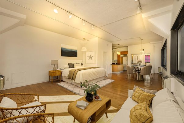 Bedroom, Dining room, Interior, Living room, Pendant Lights, Wood Texture Flooring