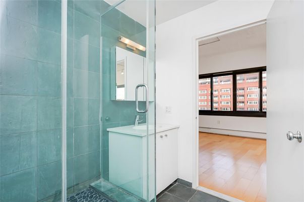 Bathroom, Glass Shower, Interior, Wood Texture Flooring
