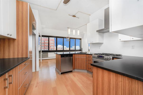 Interior, Kitchen, Pendant Lights, Stainless Steel Appliances, Wood Texture Flooring