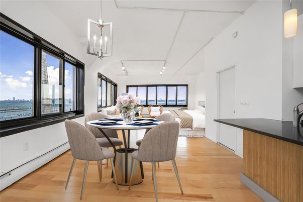 Bedroom, Dining room, Interior, Pendant Lights, Water, Wood Texture Flooring
