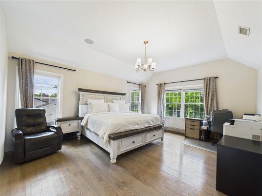 Bedroom, Chandelier, Interior, Wood Texture Flooring