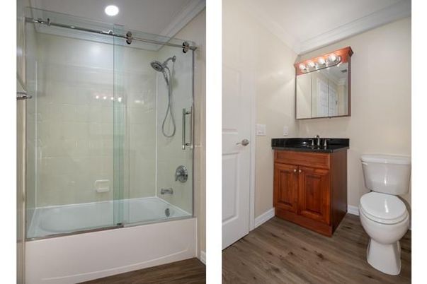 Bathroom, Glass Shower, Interior, Recessed Lighting, Wood Texture Flooring