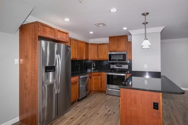 Interior, Kitchen, Pendant Lights, Recessed Lighting, Stainless Steel Appliances, Wood Texture Flooring