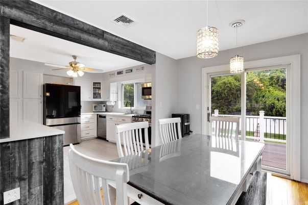 Dining room, Interior, Kitchen, Pendant Lights, Wooden Beams, Wood Texture Flooring