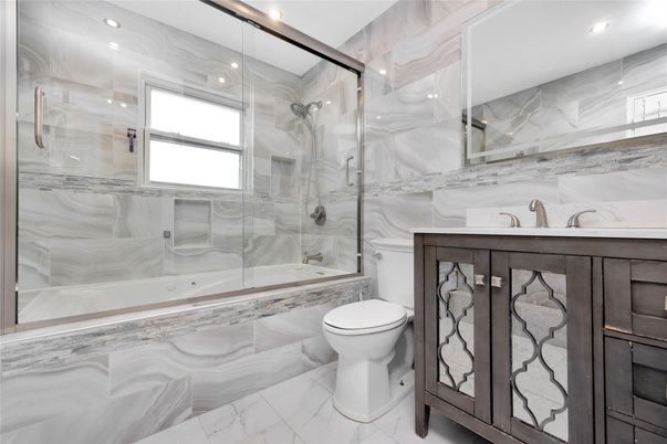 Bathroom, Glass Shower, Interior, Marble, Marble Walls, Recessed Lighting
