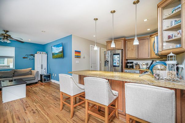 Interior, Kitchen, Pendant Lights, Recessed Lighting, Wood Texture Flooring