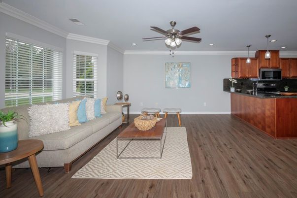 Interior, Kitchen, Living room, Pendant Lights, Recessed Lighting, Wood Texture Flooring