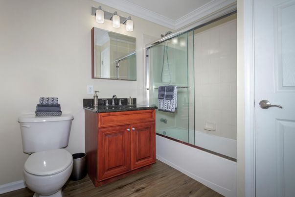 Bathroom, Glass Shower, Interior, Wood Texture Flooring