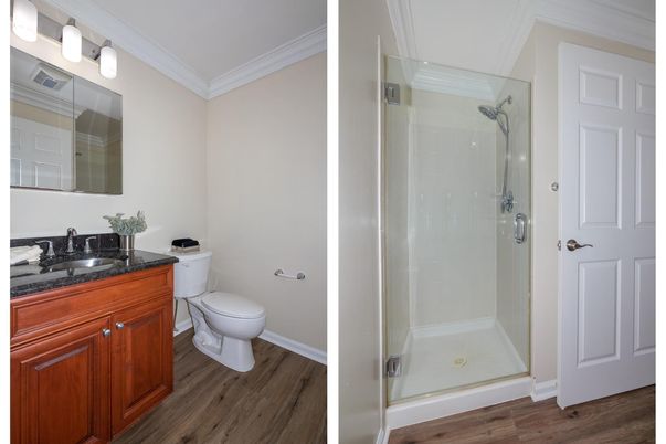 Bathroom, Glass Shower, Interior, Wood Texture Flooring